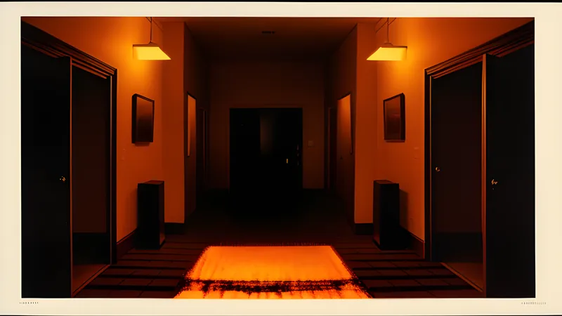 A relentless corridor of red emergency light pulsing toward a distant door
