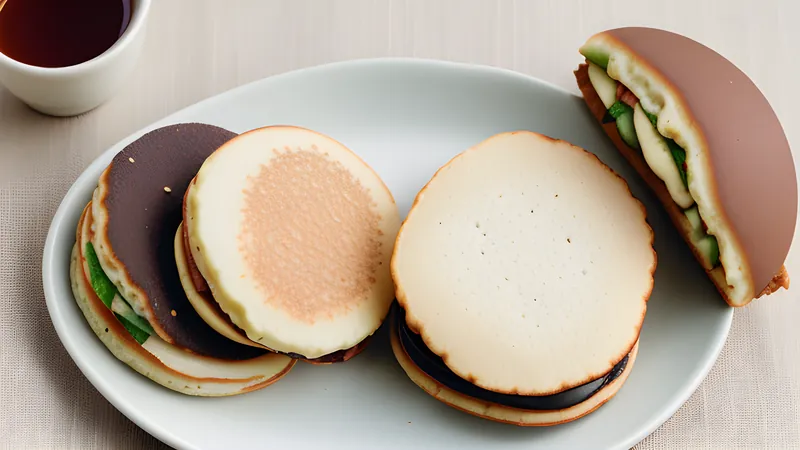 A stack of dorayaki pancake sandwiches showing the dark red bean paste filling at the edge