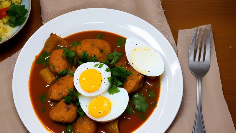 Deep-red Ethiopian doro wat chicken stew with a boiled egg, served on grey injera flatbread