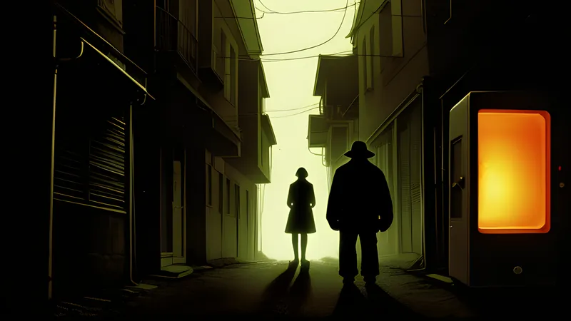 Two shadowy figures squaring off beneath a single flickering streetlamp in an alley, warm amber CRT glow