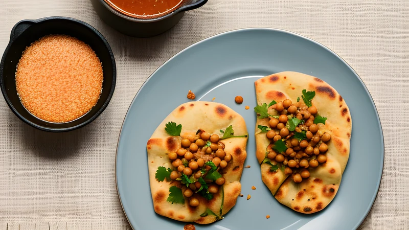 Two soft golden bara flatbreads holding a mound of curried channa chickpeas topped with tamarind and pepper sauce