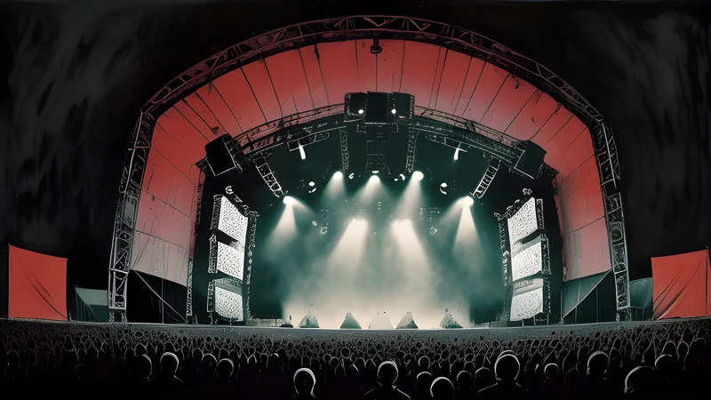 Ink illustration of a vast festival main stage before an enormous crowd, towers of rigging, crimson sky