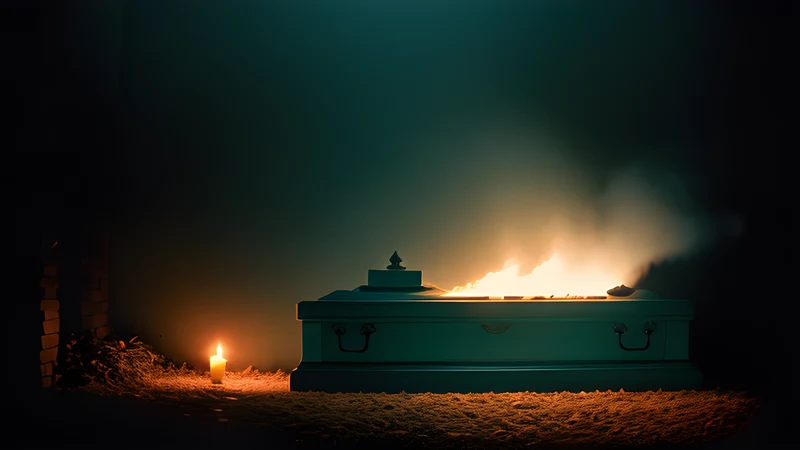 A coffin lid standing ajar in a candlelit stone crypt, amber light against deep shadow