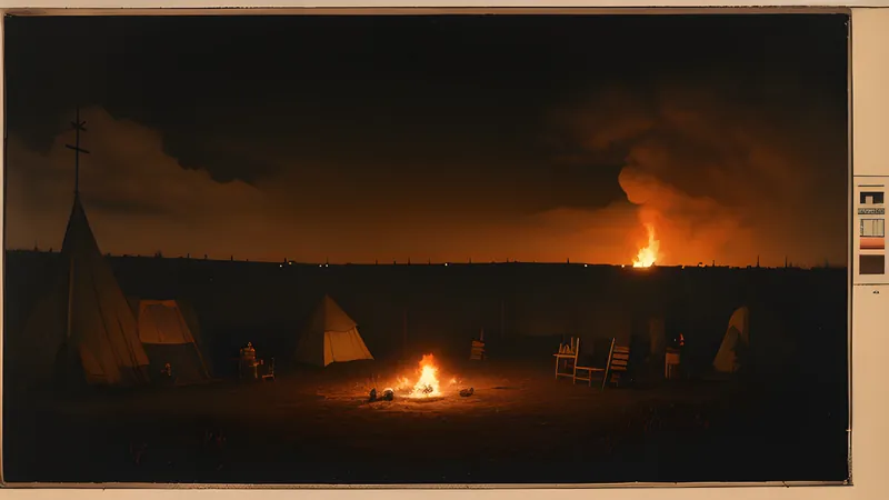 A candlelit war camp map scattered with tokens beneath a blighted sky