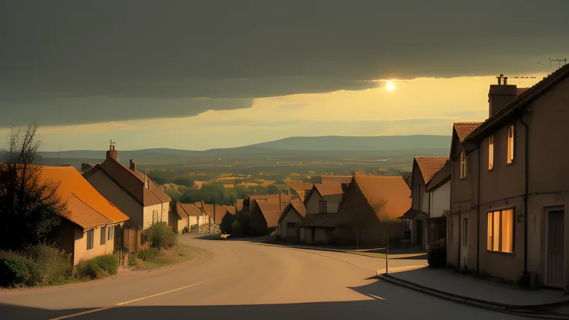 A warm sunlit village square with a winding road leading toward distant hills, rendered in amber CRT glow