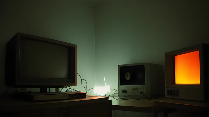 A lone party crossing a hostile fantasy wilderness at dusk, rendered in CRT amber glow