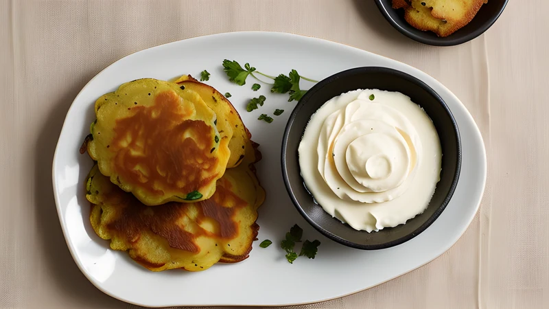 A stack of crisp golden potato pancakes with lacy edges and a spoonful of soured cream on top