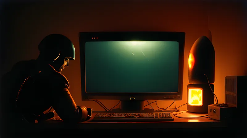 A jetpacked silhouette sweeping low over a scrolling alien surface, amber phosphor glow and scanlines