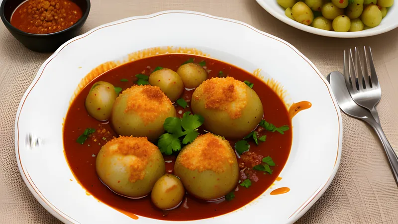 Blistered baby potatoes in a glossy red Kashmiri chilli gravy in a copper karahi
