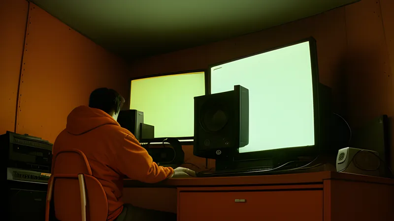A grid of dunes fading into darkness, half of it swallowed by black fog, lit in burnt-orange CRT phosphor with scanlines