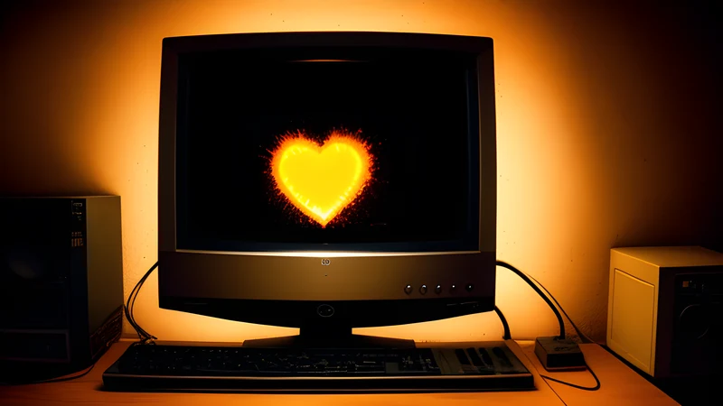 A red glowing heart pulsing at the centre of an excavated grid of tunnels, in amber phosphor bloom with scanlines