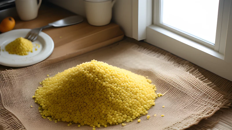 A small stoneware pot of ochre mustard with a wooden spoon, scattered brown mustard seeds on a linen cloth