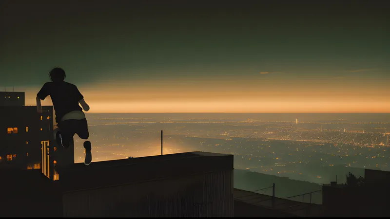 A parkour runner leaping between rooftops as a ruined city sags below in amber CRT glow