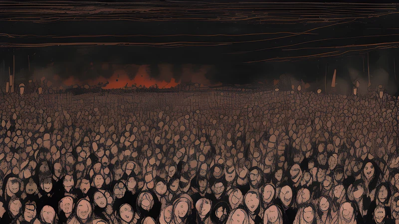 A dense outdoor metal crowd before a stage near Eindhoven under a grey sky, ink-splatter illustration with a crimson hot spot.