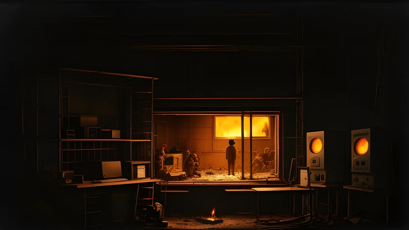 A half-built tower wrapped in scaffolding with lit windows and people living inside it, under amber CRT glow