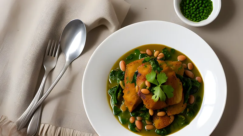 A pot of dark green efo riro spinach stew glistening with red palm oil, dotted with beef and locust bean