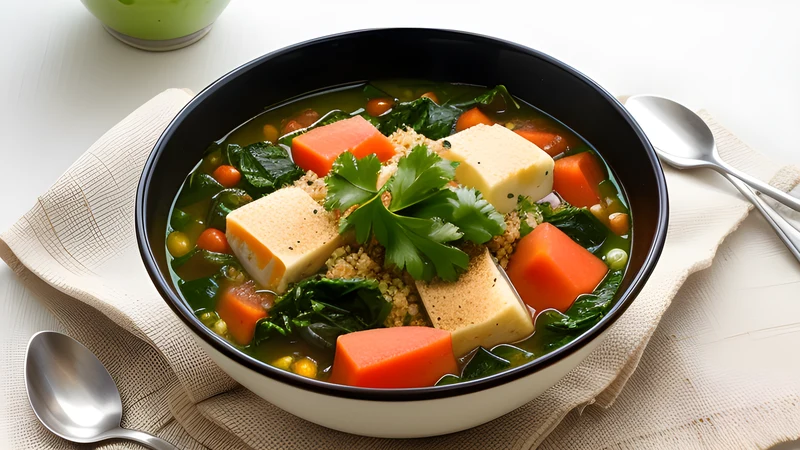 A bowl of thick orange-flecked egusi soup with greens beside a white mound of pounded yam