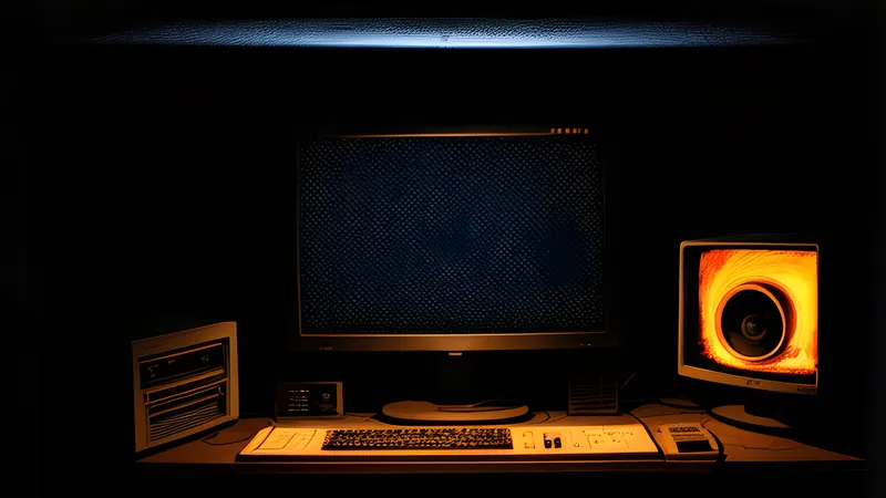 A wireframe starfield receding into black, lit by amber CRT glow