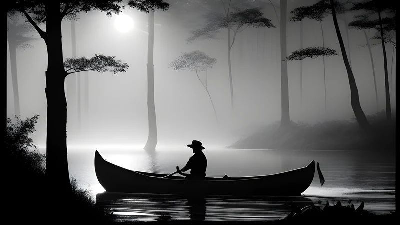 A dugout canoe on a black river between towering silhouetted trees, repertory-poster style in teal and amber