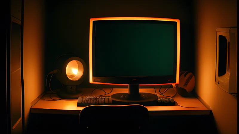 A weighty top-down football pitch glowing under stadium floodlights, rendered in a CRT amber haze
