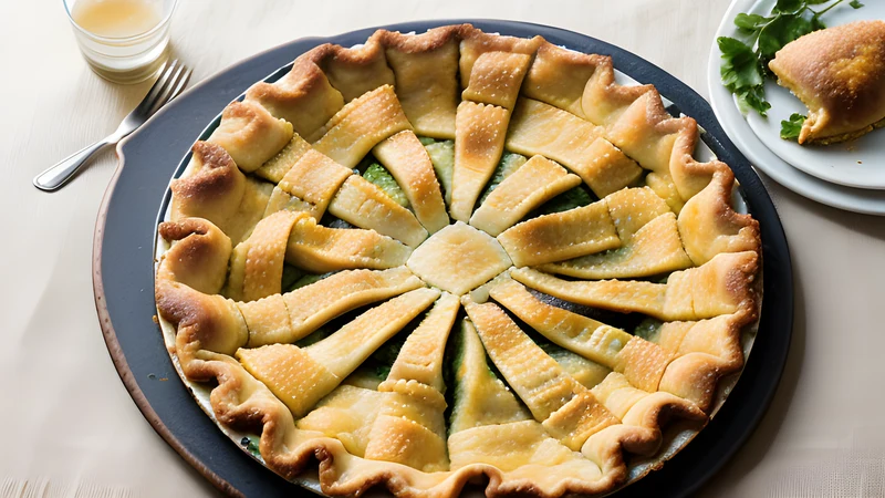 A flat golden two-crust pie on a baking tray with a rope-crimped edge and a hole in the centre, one slice cut away