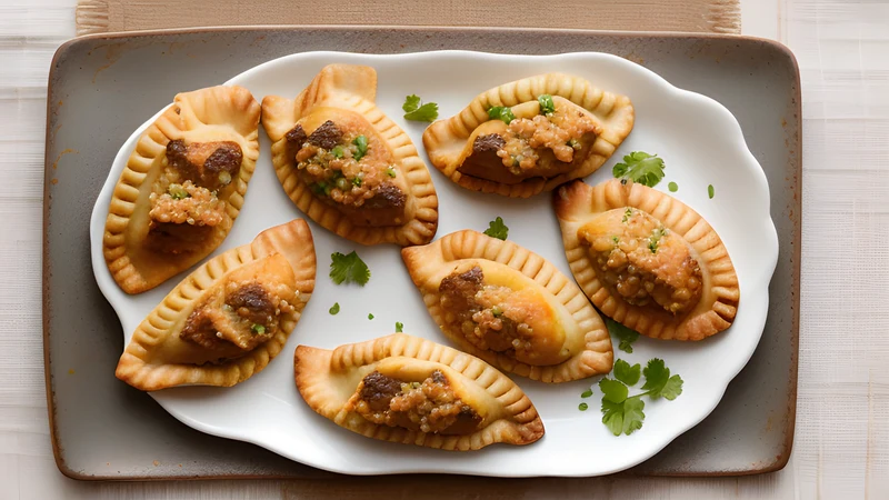 A tray of baked beef empanadas with a braided rope crimp along one edge, one broken open
