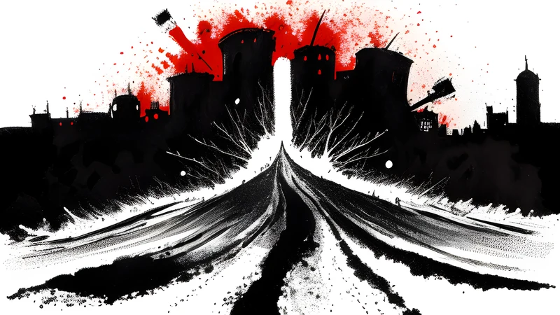 Ink illustration of a snow-capped cathedral silhouette behind a black-metal figure, crimson spot colour