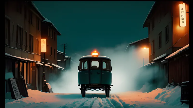 A stone well in a snowbound village with rickshaw tracks leading away, rendered as a repertory cinema poster in teal and amber