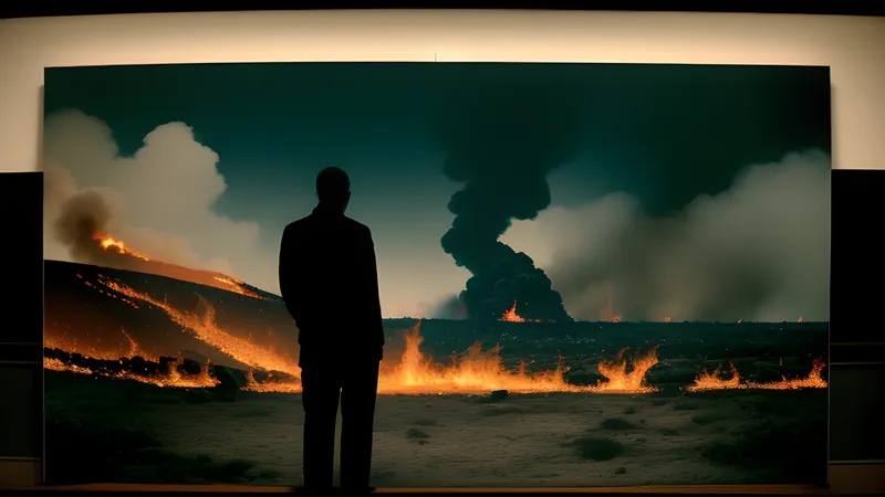 Two figures huddled at a fire on a black volcanic alien shore under a burning sky