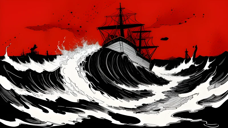 Ink illustration of a longship prow dissolving into fractured geometric forms over a fjord, crimson accent