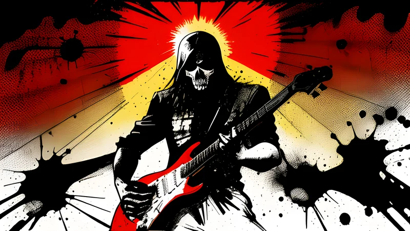 Ink illustration of a chainsaw-toothed guitar amplifier throwing a wall of distortion, crimson spot colour