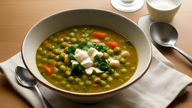 A deep bowl of thick green split pea soup with a spoon standing upright in it, sliced smoked sausage on top