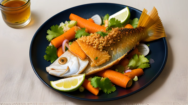 A whole fried snapper topped with pickled carrot ribbons, onion slivers and rings of Scotch bonnet