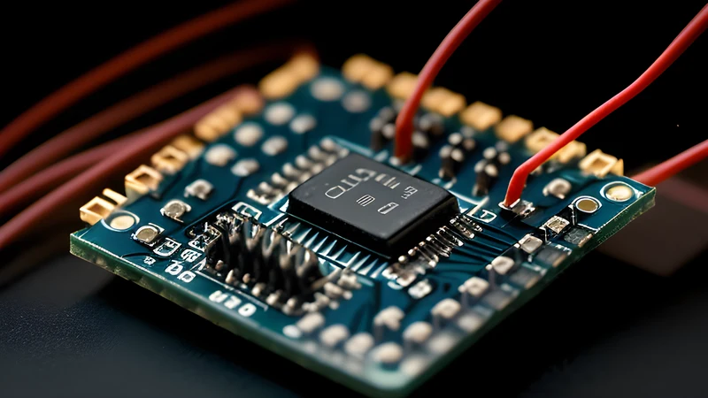 A breadboard microcontroller with jumper wires blooming into ambient data