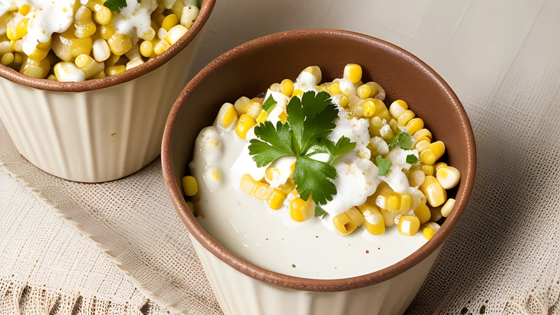 A paper cup of warm charred corn esquites topped with mayo, chilli powder, crumbled cotija and lime
