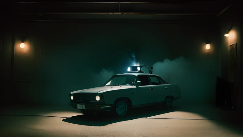 A courtyard with a driverless car circling, rendered as a grainy repertory cinema poster in teal and amber