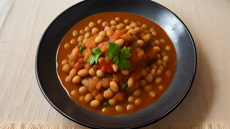 Ewa agoyin, mashed beans under dark fried pepper sauce in a bowl