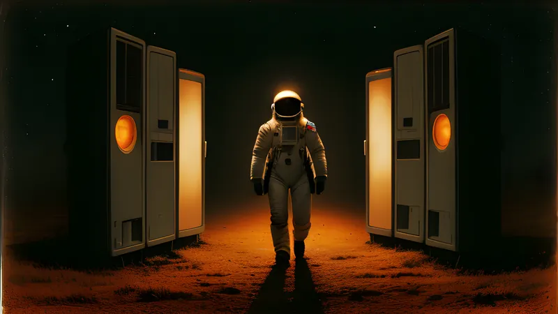A spacesuited figure advancing steadily across a hostile alien plain, rendered in CRT phosphor glow