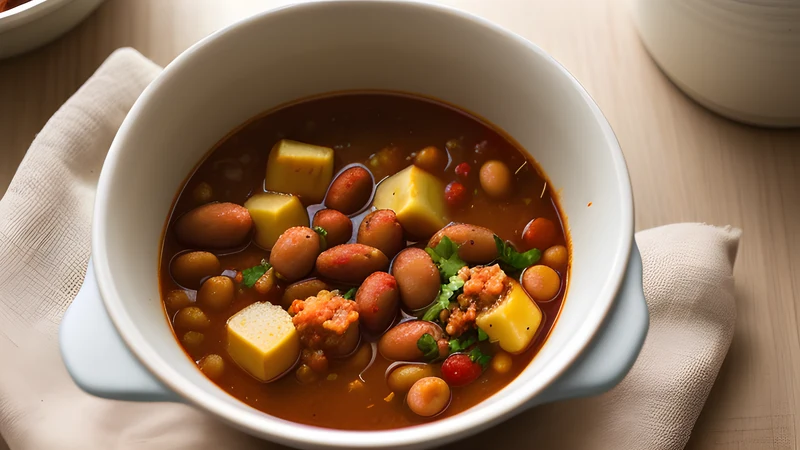 An earthenware pot of fabada, fat white beans in a saffron-coloured broth with chorizo and morcilla