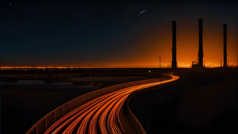 Conveyor belts spiralling into a glowing industrial sprawl under a night sky