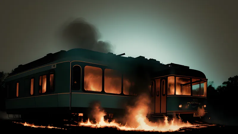 A suburban house of burning books beside an elevated monorail, in teal and amber repertory-poster light