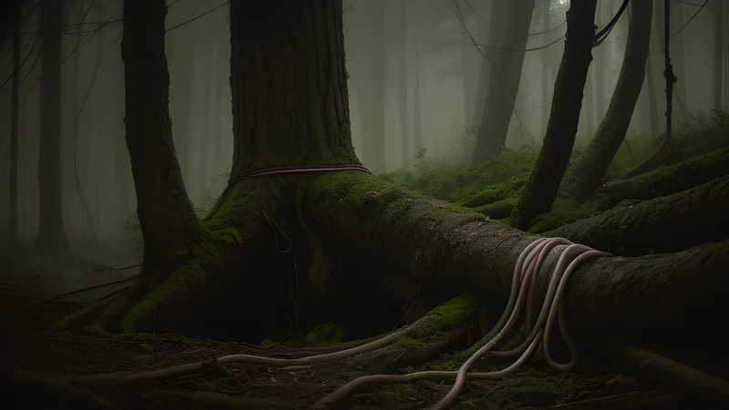 A thin secondary cable glowing beside a severed thick network trunk in a dark rack