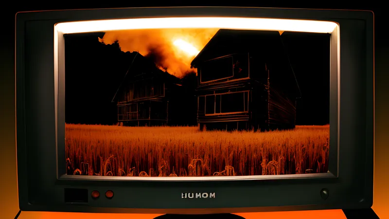 A patchwork of scavenged wooden structures rising from an irradiated field, CRT amber glow