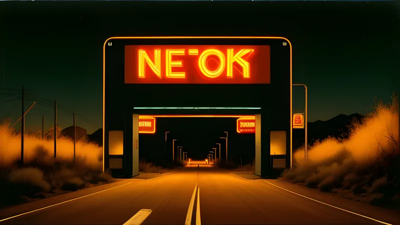 A cracked desert highway stretching toward a flickering distant neon sign, CRT amber glow