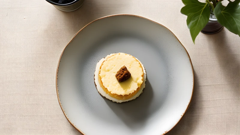 A slice of dark-topped set custard pudding on a plate, dense pale crumb studded with black prunes, the dish behind it