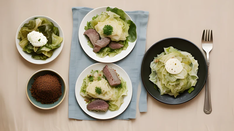Deep pot of mutton on the bone layered with soft white cabbage and black peppercorns, boiled potatoes alongside