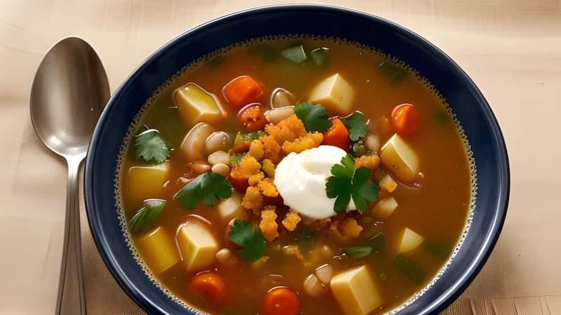 A bowl of Greek white bean soup with celery and carrot, glossy with olive oil, a lemon wedge on the rim
