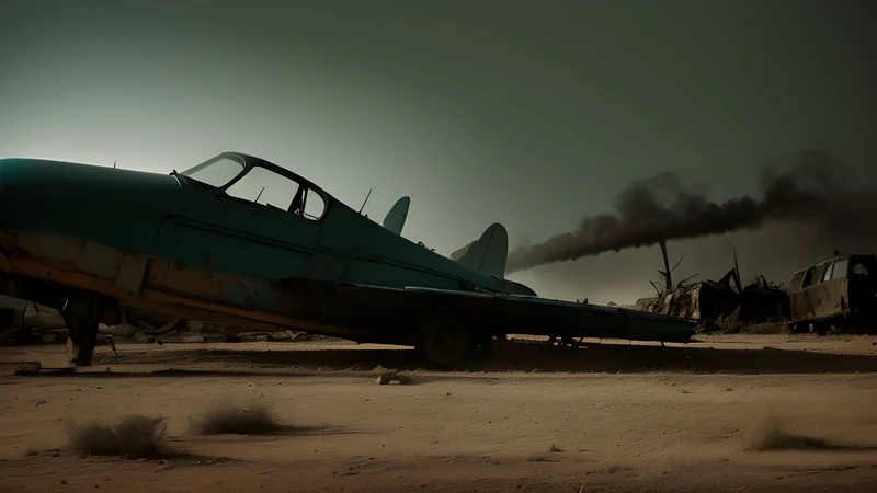 A desert mirage shimmering over the wreckage of an abandoned aircraft