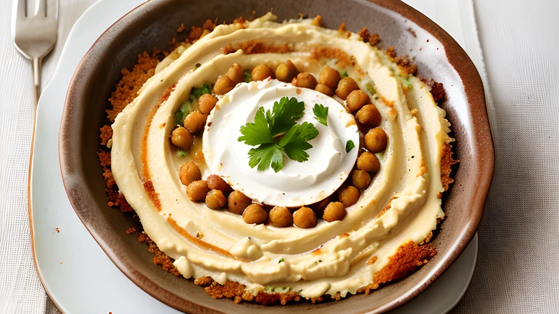 A bowl of fattet hummus: chickpeas layered with toasted pita under garlicky yoghurt, drizzled with paprika butter and scattered with pine nuts