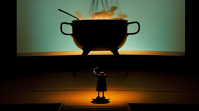 Repertory-cinema poster of a marionette's strings descending into an empty theatre stage, teal and amber projector light through smoke